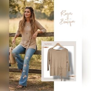 🌿Sag Harbor Women's Medium Tan Knit Crochet Tie Waist Longsleeve Sweater